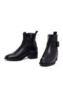 Women's Black Zippered Short Thick Heeled Leather Boots | Derimod Women's Black Zippered Short Thick Heeled Leather Boots | Derimod