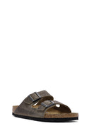 Birkenstock Men's Khaki Arizona Double Buckle Nubuck Leather Slippers | Derimod Birkenstock Men's Khaki Arizona Double Buckle Nubuck Leather Slippers | Derimod
