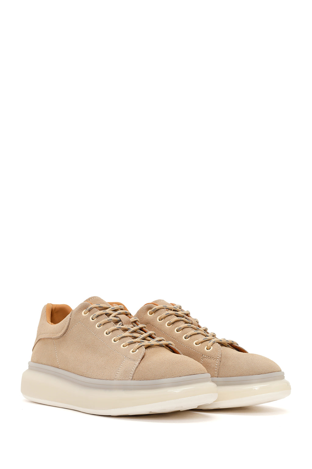 Erkek Bej Bağcıklı Kalın Tabanlı Süet Deri Sneaker