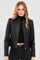 Angie Women's Black Short Leather Jacket | Derimod Angie Women's Black Short Leather Jacket | Derimod