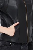 Angie Women's Black Short Leather Jacket | Derimod Angie Women's Black Short Leather Jacket | Derimod