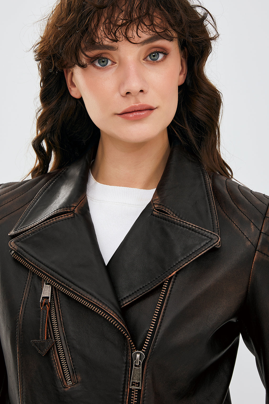 Xuma Kadın Kahverengi Vintage Oversize Biker Deri Ceket