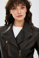 Xuma Kadın Kahverengi Vintage Oversize Biker Deri Ceket | Derimod Xuma Kadın Kahverengi Vintage Oversize Biker Deri Ceket | Derimod