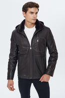 Haaland Men's Brown Hooded Fur Leather Jacket | Derimod Haaland Men's Brown Hooded Fur Leather Jacket | Derimod