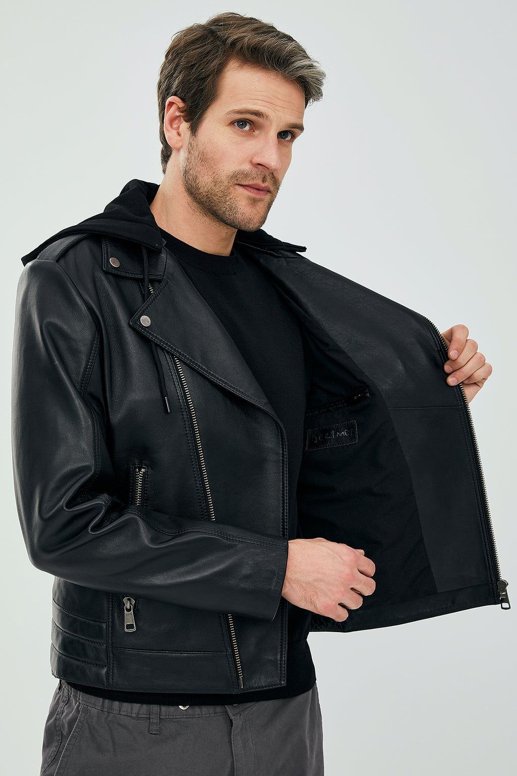 Lowry Erkek Siyah Kapüşonlu Deri Biker Mont