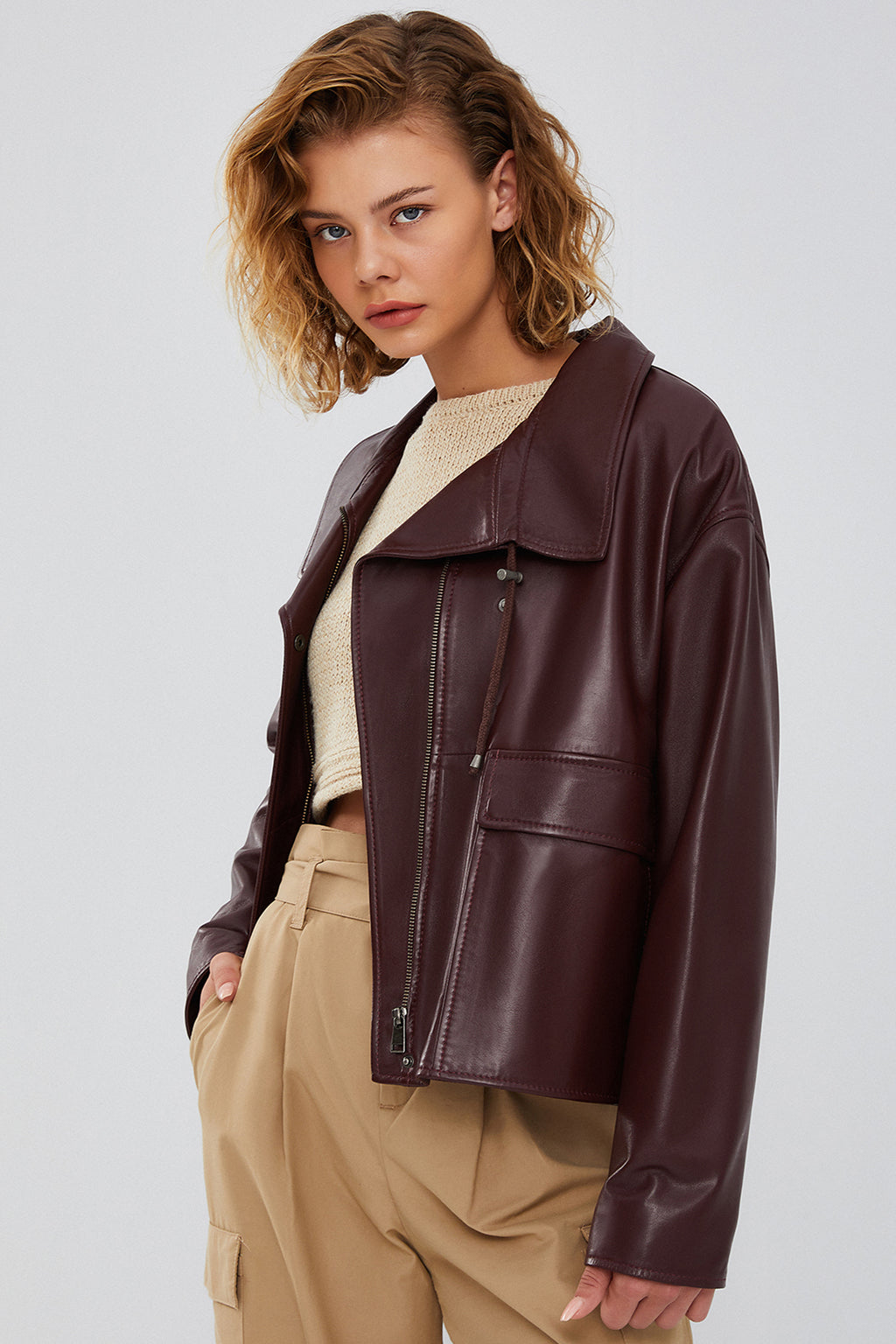 Nova Kadın Bordo Oversize Deri Ceket