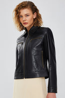 Hera Women's Black Short Leather Jacket | Derimod Hera Women's Black Short Leather Jacket | Derimod