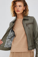 Hera Women's Green Short Leather Jacket | Derimod Hera Women's Green Short Leather Jacket | Derimod