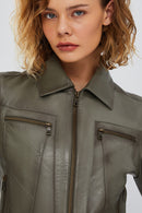 Hera Women's Green Short Leather Jacket | Derimod Hera Women's Green Short Leather Jacket | Derimod