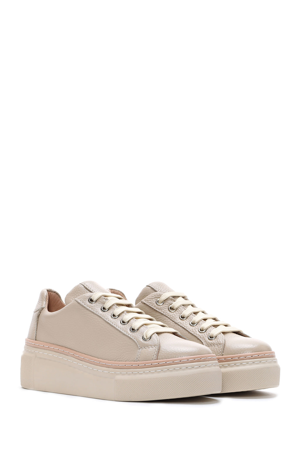 Kadın Bej Bağcıklı Kalın Tabanlı Deri Sneaker
