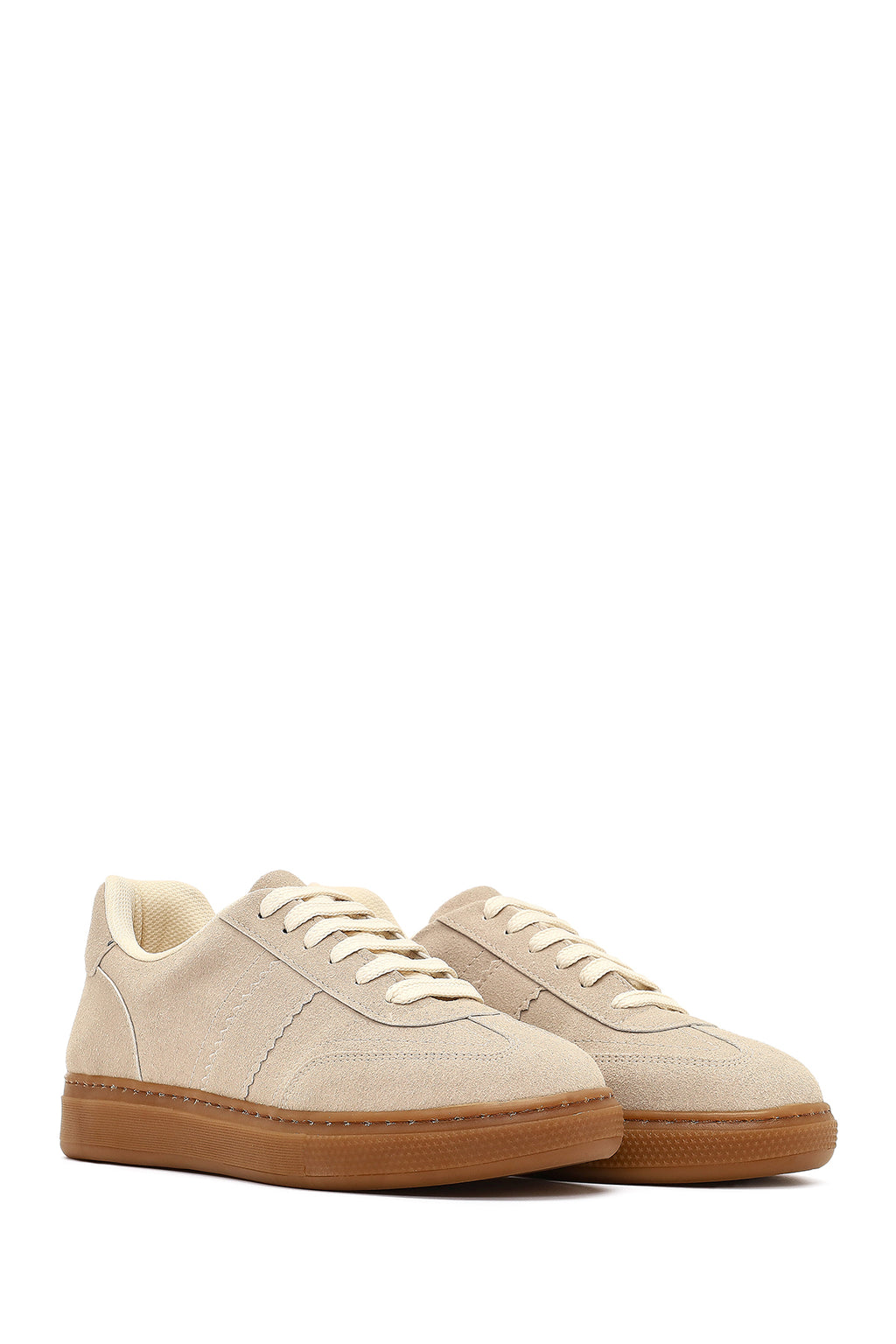 Kadın Bej Bağcıklı Kalın Tabanlı Süet Sneaker
