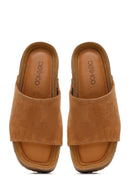 Woman Tan Thick-Soled Suede Leather Slipper | Derimod Woman Tan Thick-Soled Suede Leather Slipper | Derimod