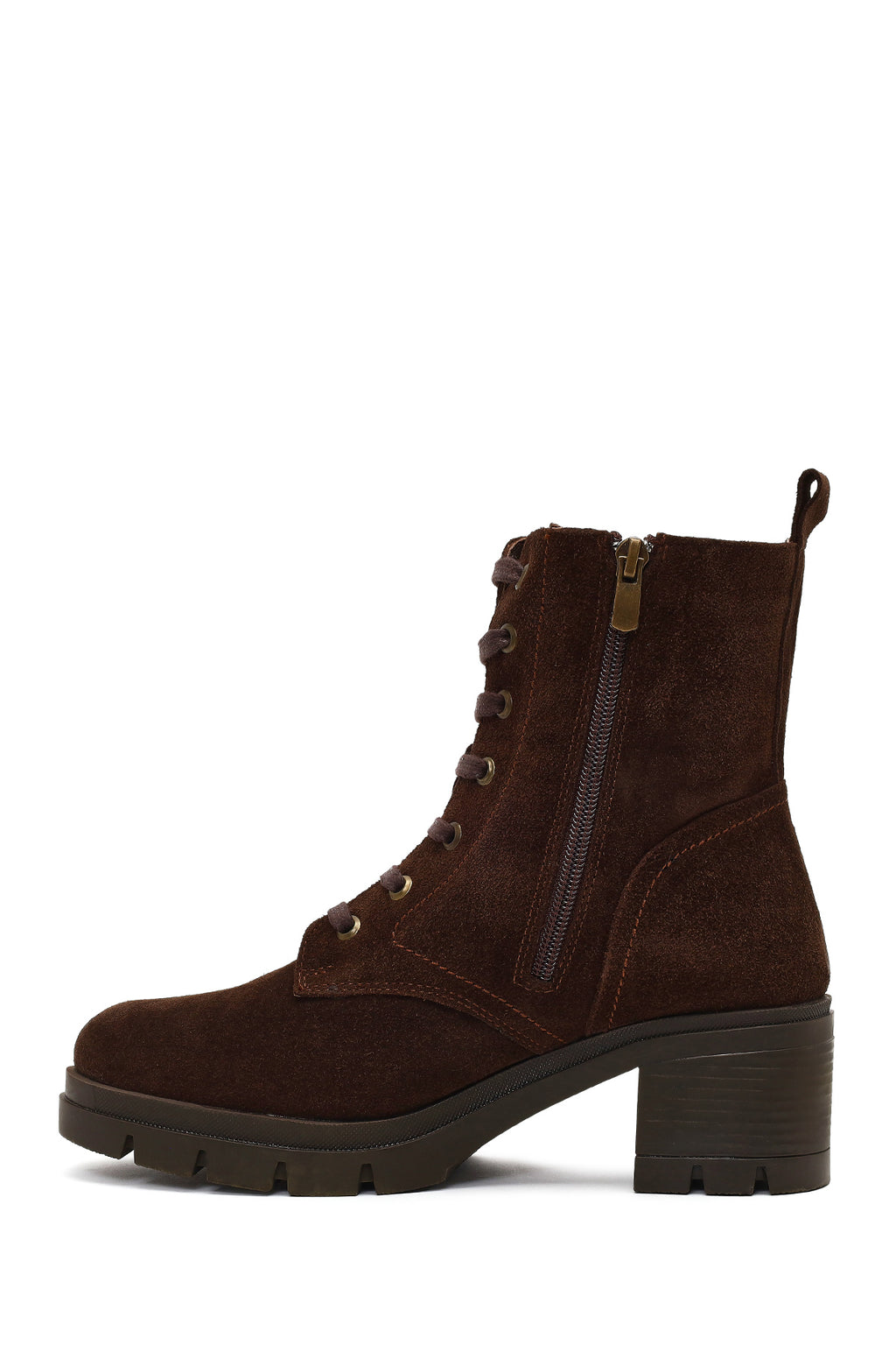 Kadın Kahverengi Fermuarlı Kalın Topuklu Süet Deri Bot