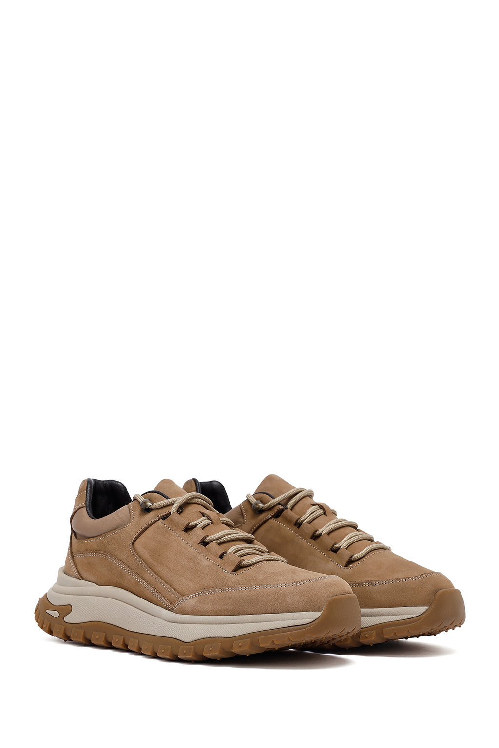 Erkek Bej Bağcıklı Kalın Tabanlı Nubuk Deri Casual Sneaker