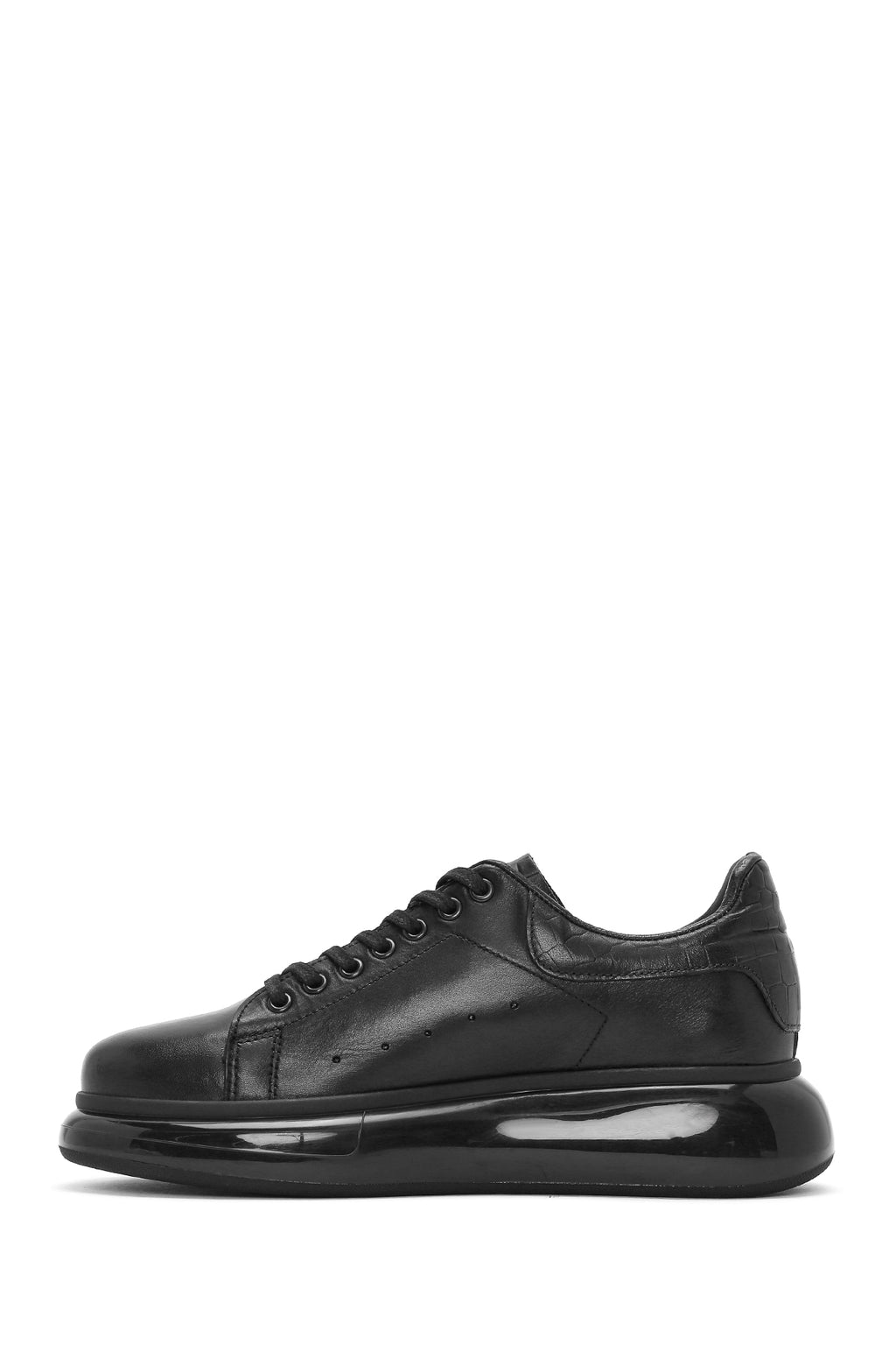Erkek Siyah Bağcıklı Kalın Tabanlı Deri Sneaker
