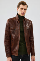 Wade Erkek Kahverengi Slim-Fit Deri Ceket | Derimod Wade Erkek Kahverengi Slim-Fit Deri Ceket | Derimod