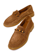 Kadın Taba Boncuklu Süet Deri Loafer | Derimod Kadın Taba Boncuklu Süet Deri Loafer | Derimod