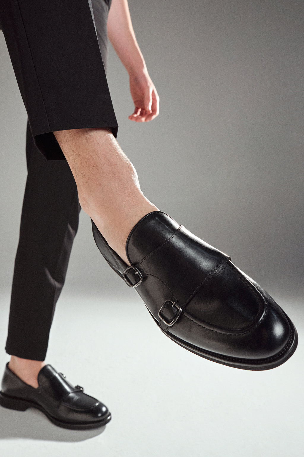 Erkek Siyah Çift Tokalı Deri Casual Loafer