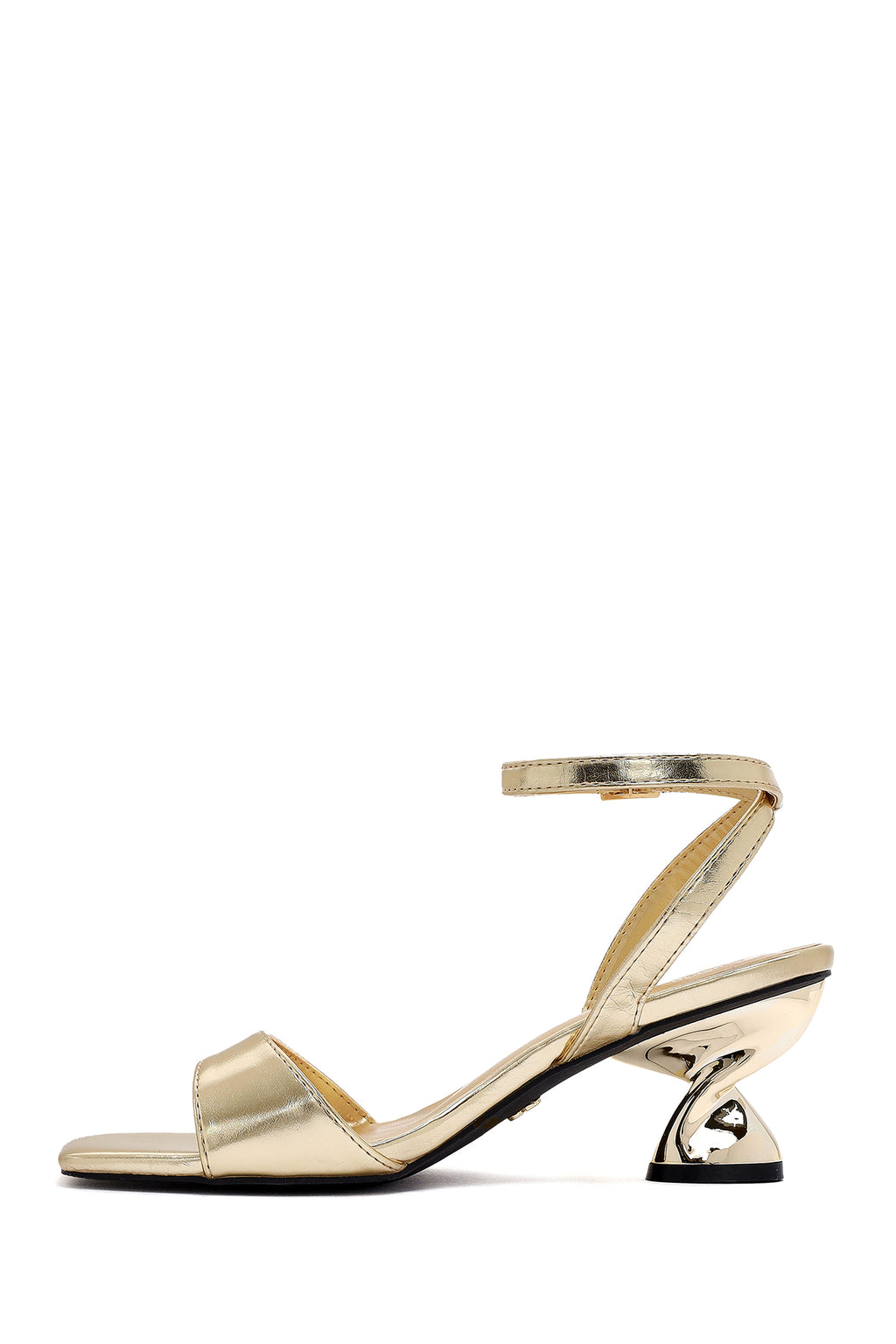 Kadın Altın Bilekten Tokalı Kalın Topuklu Metalik Sandalet