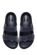 Men's Navy Blue Double Buckle Slippers | Derimod Men's Navy Blue Double Buckle Slippers | Derimod
