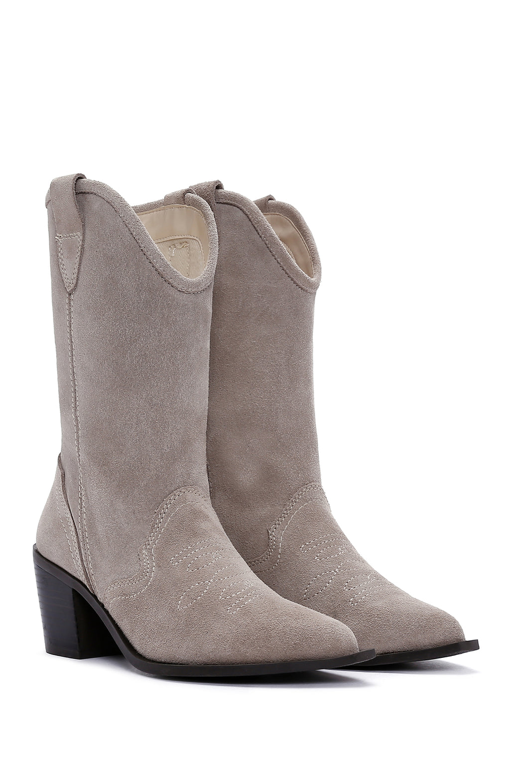 Kadın Bej Kalın Topuklu Süet Deri Kovboy Bot