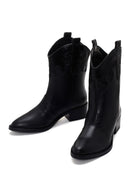 Women's Black Leather Heeled Cowboy Boots | Derimod Women's Black Leather Heeled Cowboy Boots | Derimod