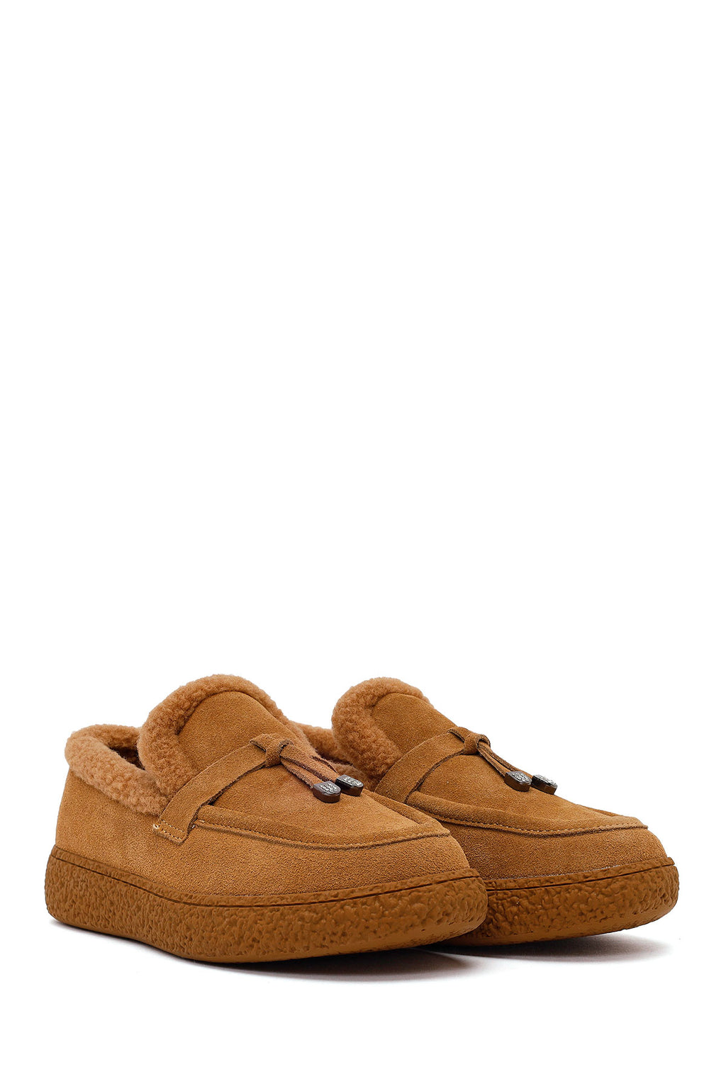 Kadın Camel Tokalı Kalın Tabanlı Süet Deri Teddy Loafer