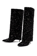 Women's Black Sequined Thin Heel Leather Boots | Derimod Women's Black Sequined Thin Heel Leather Boots | Derimod