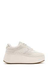 Women's Beige Lace-Up Thick-Sole Knitted Sneakers