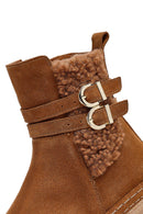Woman Tan Zippered Suede Leather Teddy Bot | Derimod Woman Tan Zippered Suede Leather Teddy Bot | Derimod