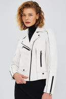 Bella Kadın Beyaz Slim-Fit Biker Deri Ceket | Derimod Bella Kadın Beyaz Slim-Fit Biker Deri Ceket | Derimod