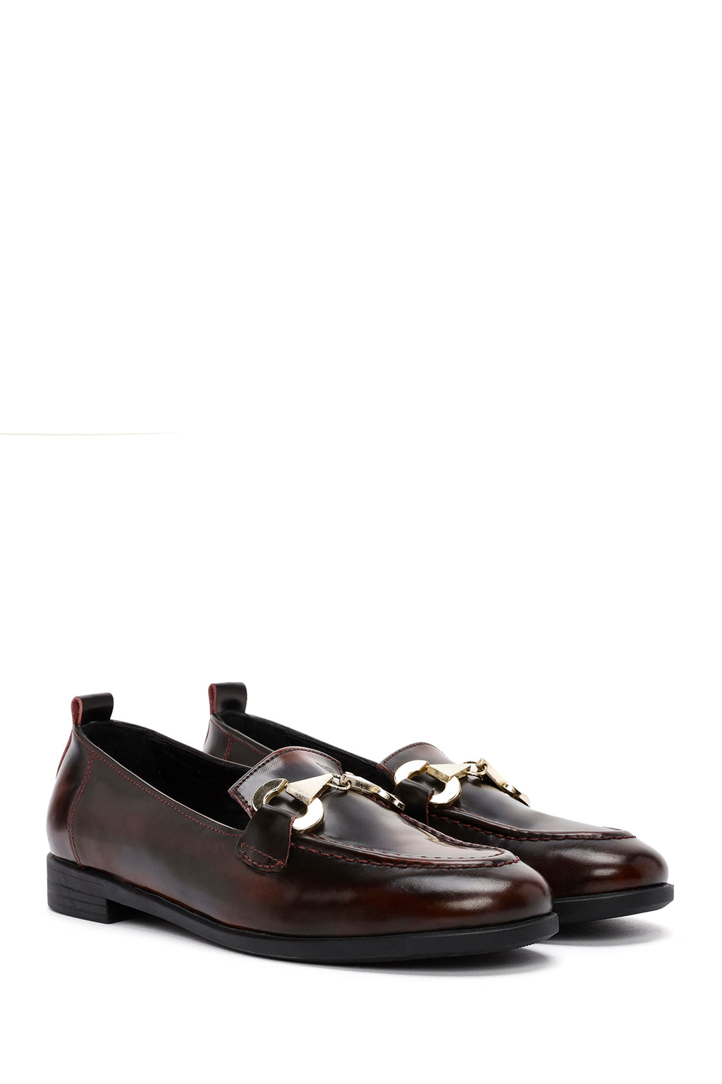 Kadın Bordo Toka Detaylı Deri Maskülen Loafer