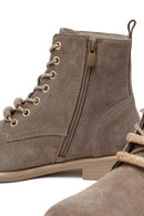 Woman Beige Lace-Up Zippered Suede Leather Boat | Derimod Woman Beige Lace-Up Zippered Suede Leather Boat | Derimod