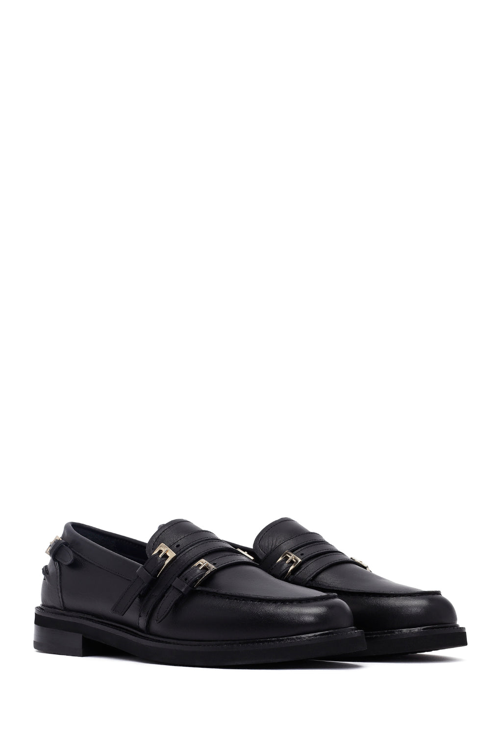 Kadın Siyah Tokalı Deri Maskülen Loafer