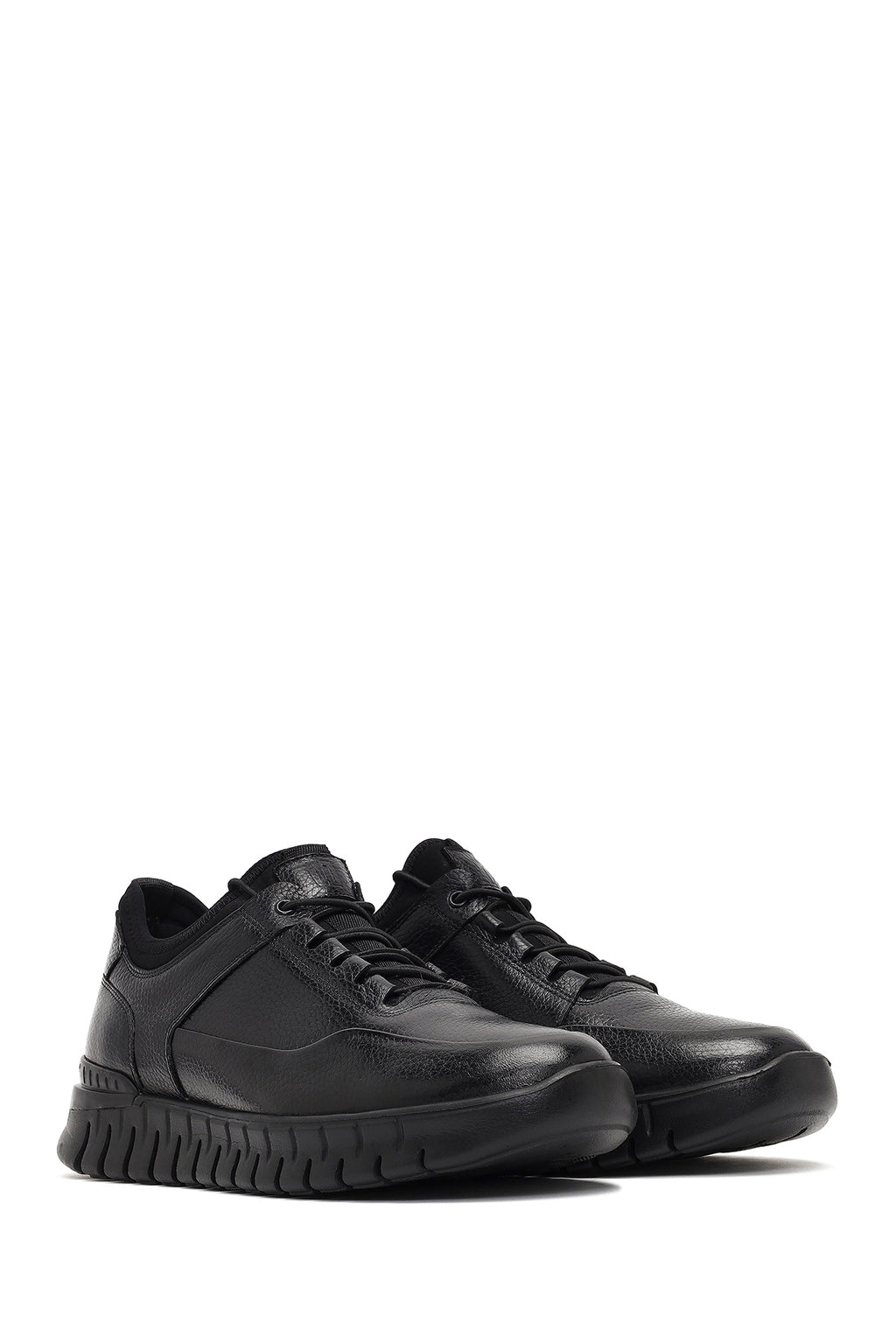 Erkek Siyah Bağcıklı Kalın Tabanlı Deri Casual Sneaker