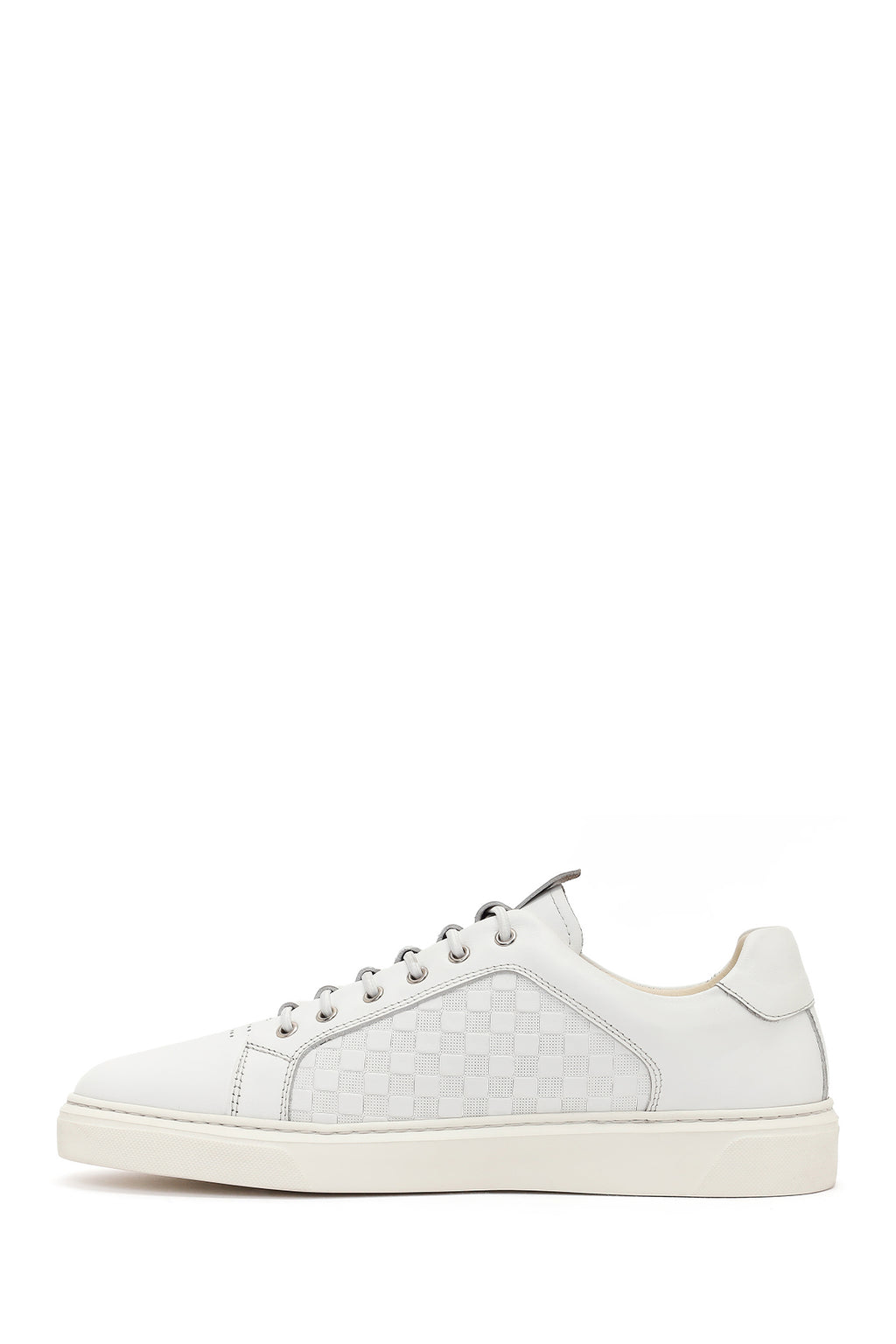 Erkek Beyaz Bağcıklı Desenli Deri Sneaker