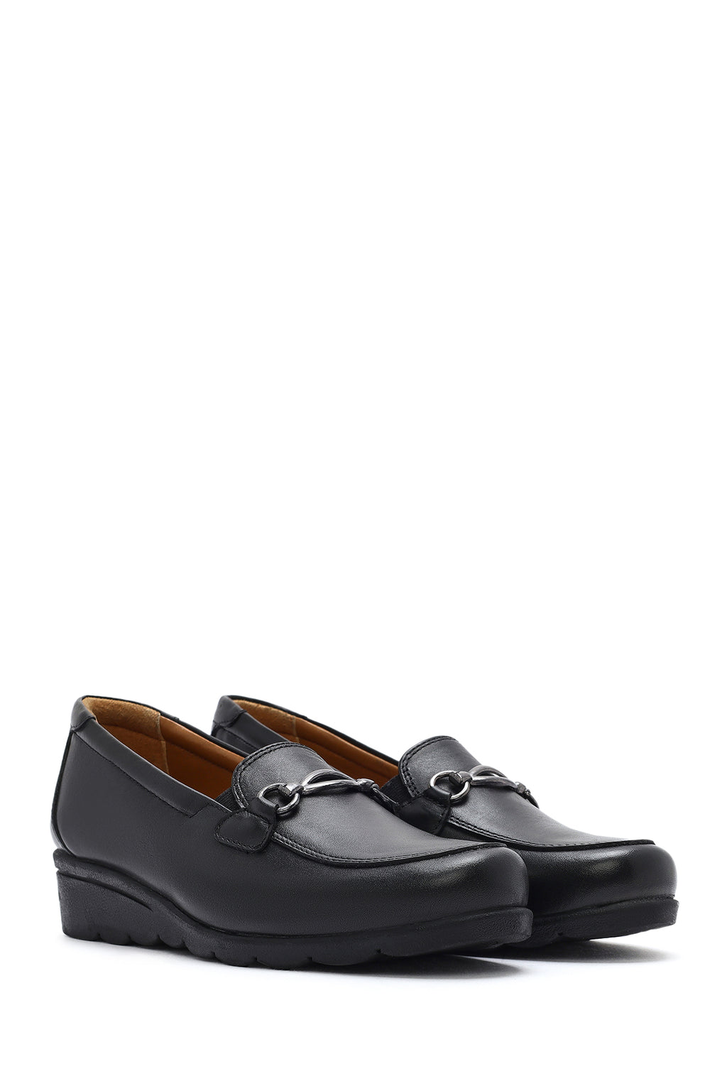 Kadın Siyah Tokalı Dolgu Topuklu Deri Comfort Loafer
