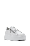 Women's White Thick-Soled Side Zipper Lace-Up Leather Sneakers | Derimod Women's White Thick-Soled Side Zipper Lace-Up Leather Sneakers | Derimod