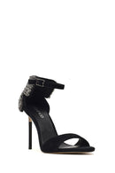 Women's Black Ankle Buckle Stone High Thin Heel Suede Leather Shoe | Derimod Women's Black Ankle Buckle Stone High Thin Heel Suede Leather Shoe | Derimod