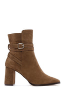 Women's Tan Suede Leather Heeled Boots | Derimod Women's Tan Suede Leather Heeled Boots | Derimod