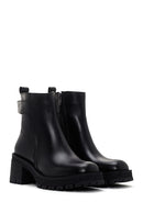 Woman Black Zippered Chunky Heels Leather Boat | Derimod Woman Black Zippered Chunky Heels Leather Boat | Derimod