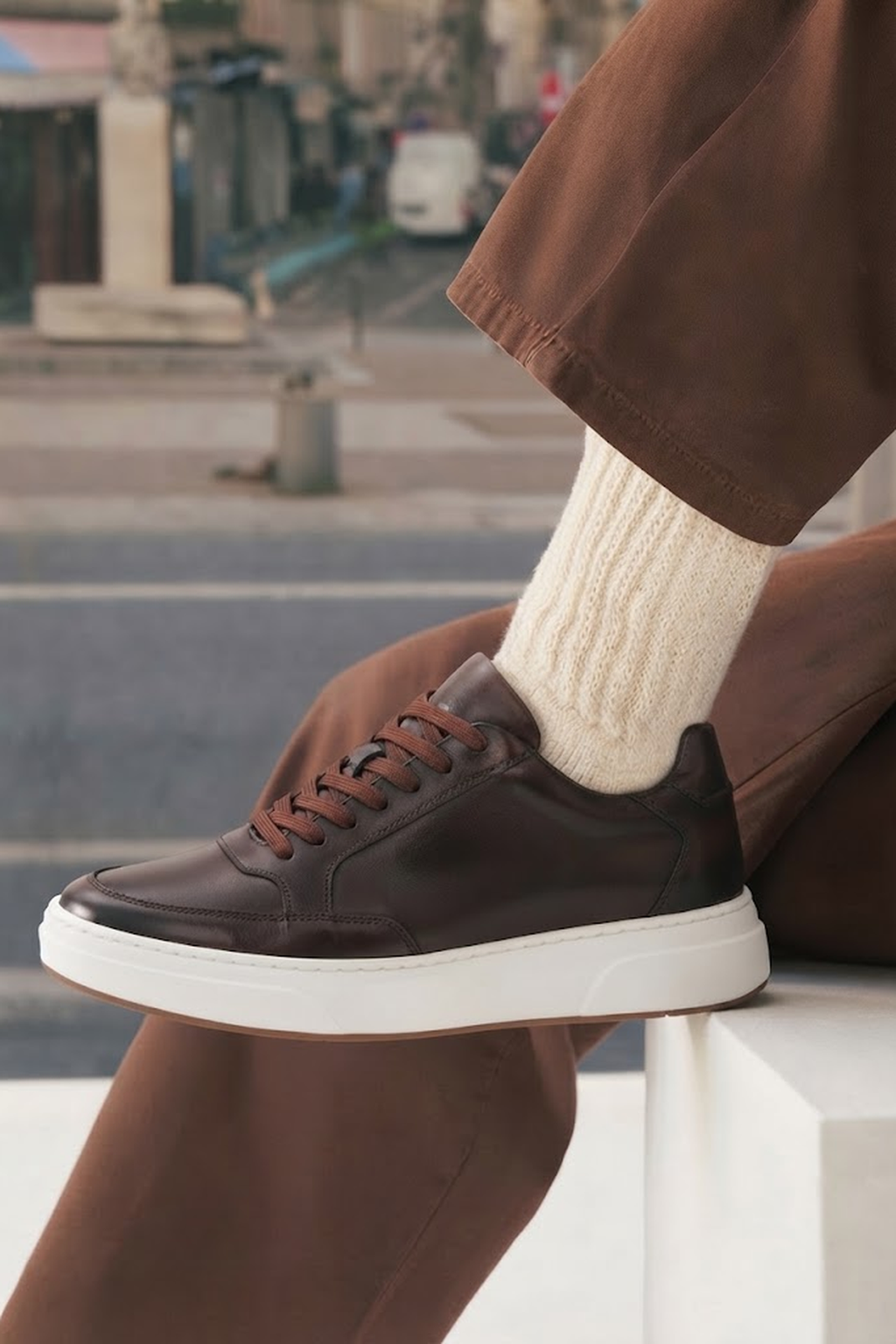 Erkek Kahverengi Bağcıklı Deri Sneaker