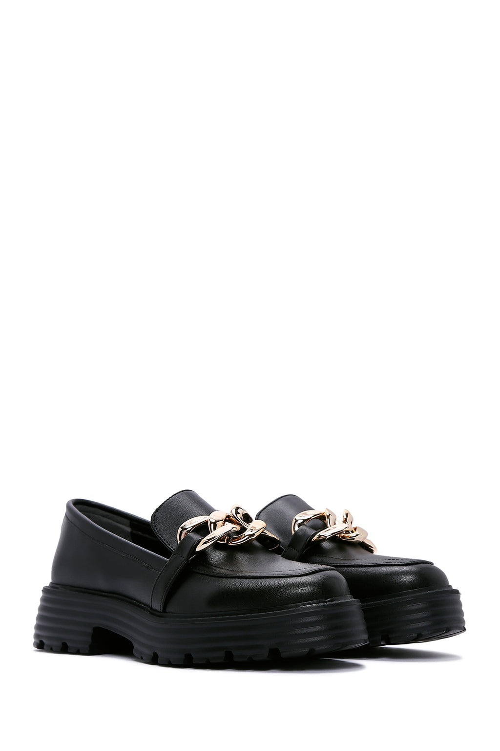 Kadın Siyah Zincir Detaylı Maskülen Loafer