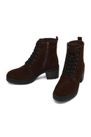 Women's Brown Zippered Thick Heeled Suede Leather Boot | Derimod Women's Brown Zippered Thick Heeled Suede Leather Boot | Derimod