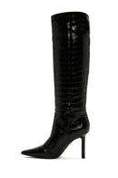 Women's Black Crocodile Patterned Thin Heeled Leather Boots | Derimod Women's Black Crocodile Patterned Thin Heeled Leather Boots | Derimod
