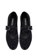 Woman Black Leopard Pattern Buckled Suede Leather Babet | Derimod Woman Black Leopard Pattern Buckled Suede Leather Babet | Derimod