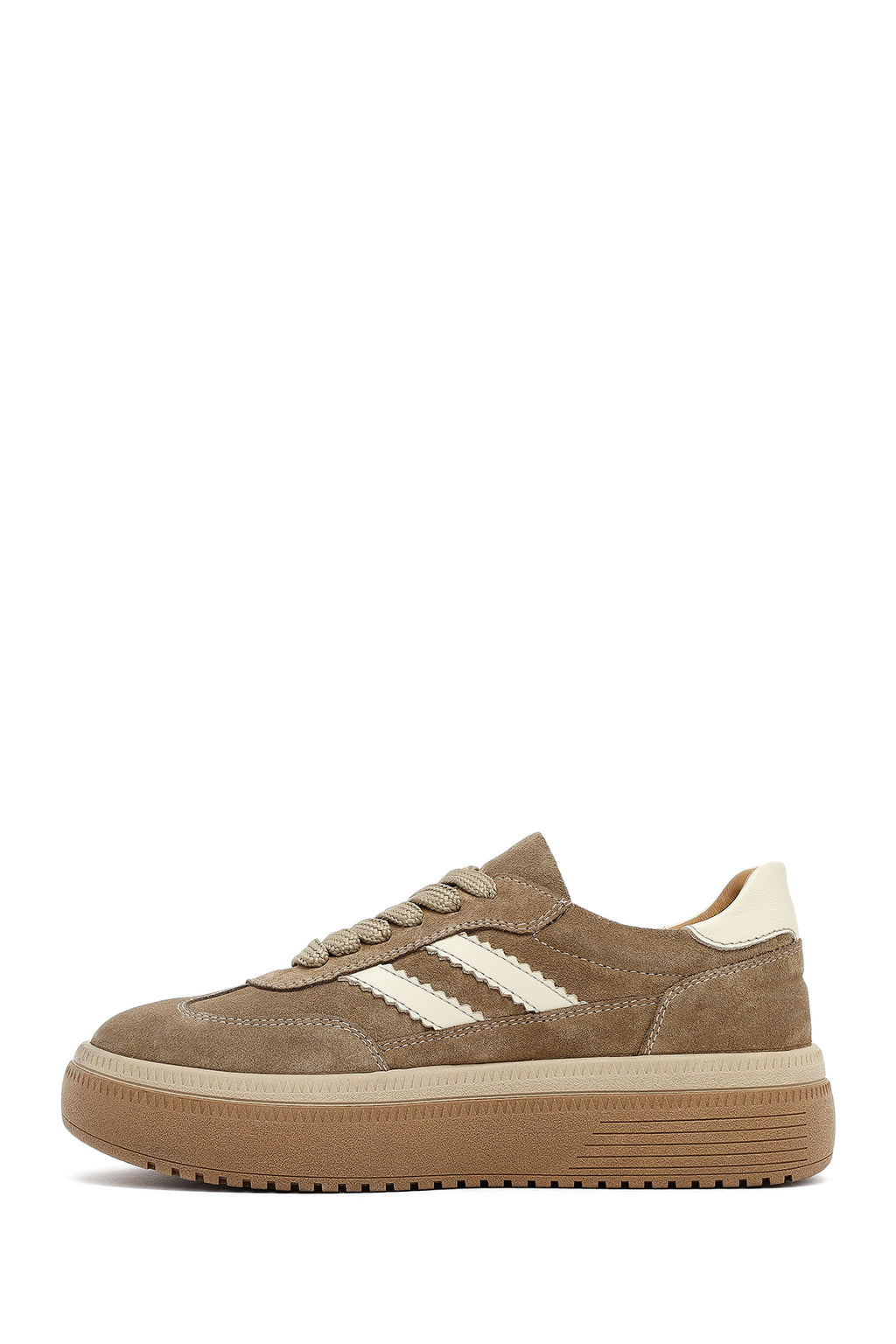 Kadın Bej Bağcıklı Kalın Tabanlı Süet Deri Sneaker