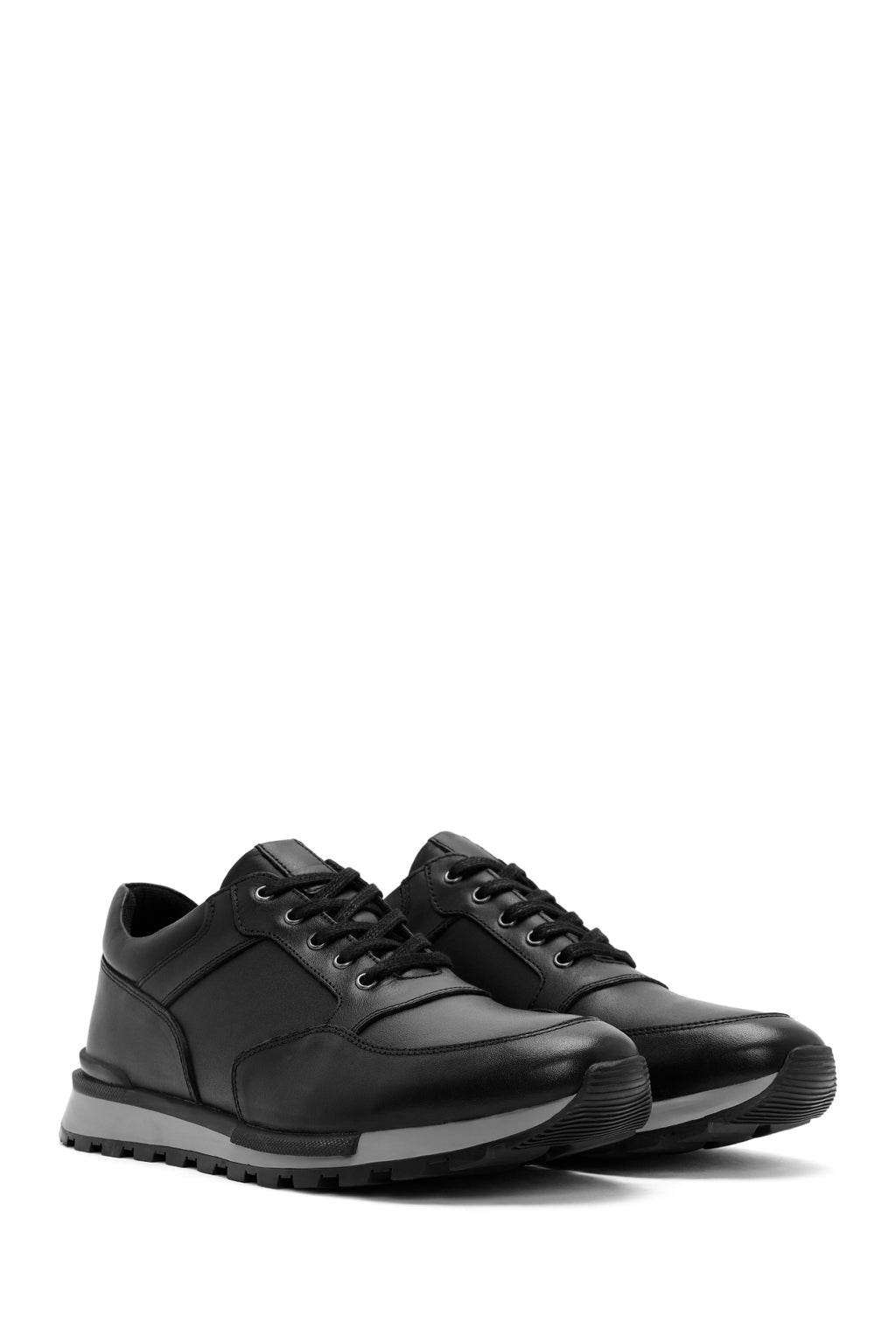 Erkek Siyah Bağcıklı Deri Casual Sneaker