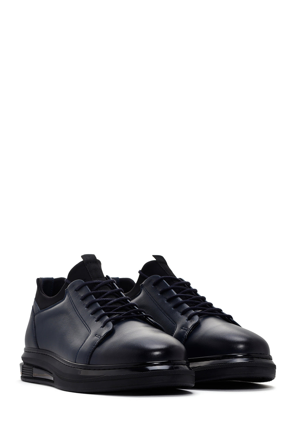 Erkek Lacivert Bağcıklı Kalın Tabanlı Deri Sneaker