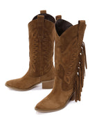 Women's Tan Suede Leather Heeled Cowboy Boots | Derimod Women's Tan Suede Leather Heeled Cowboy Boots | Derimod